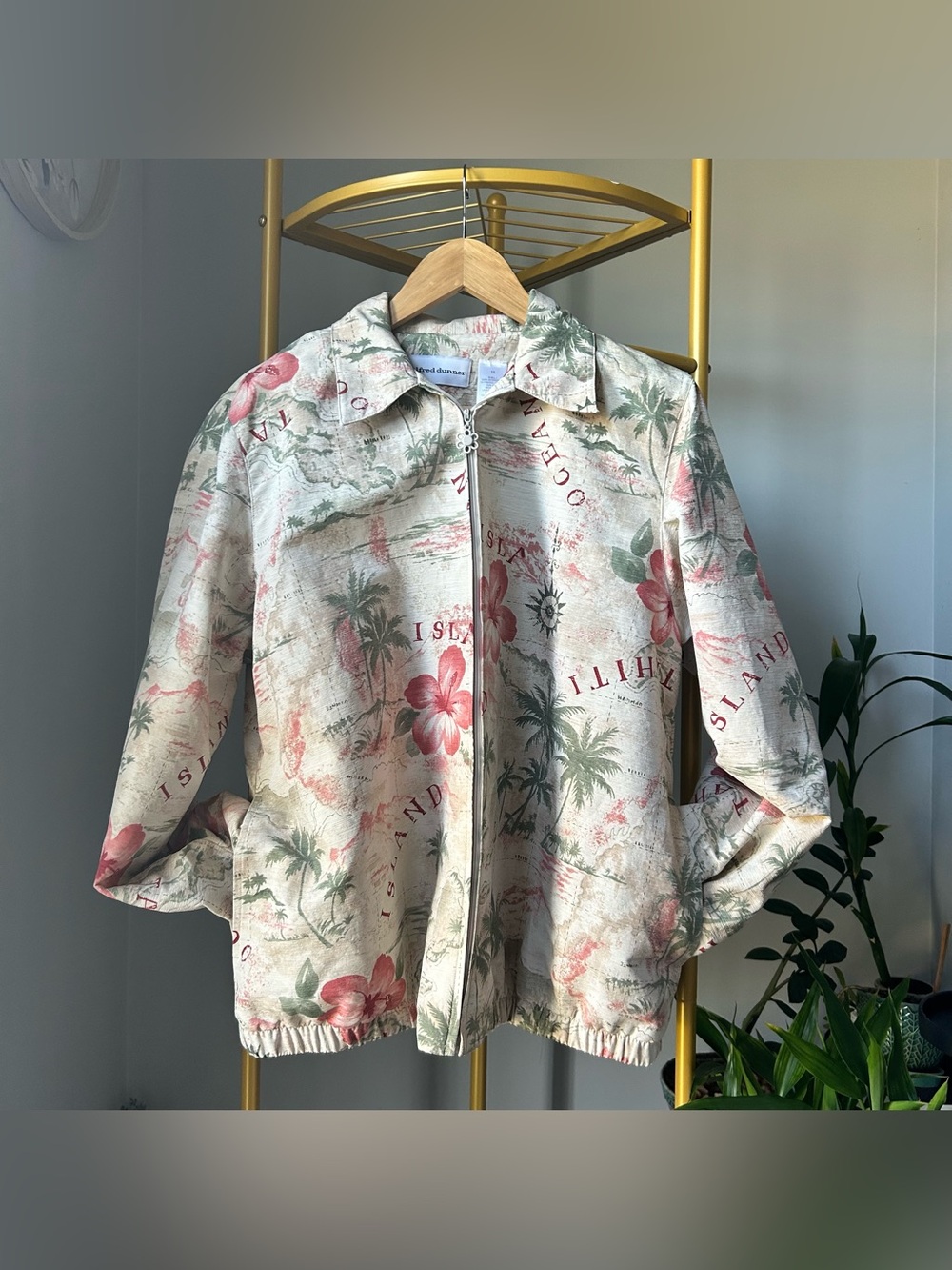 Alfred Dunner women’s collared silk vintage tropical print bomber jacket size 10